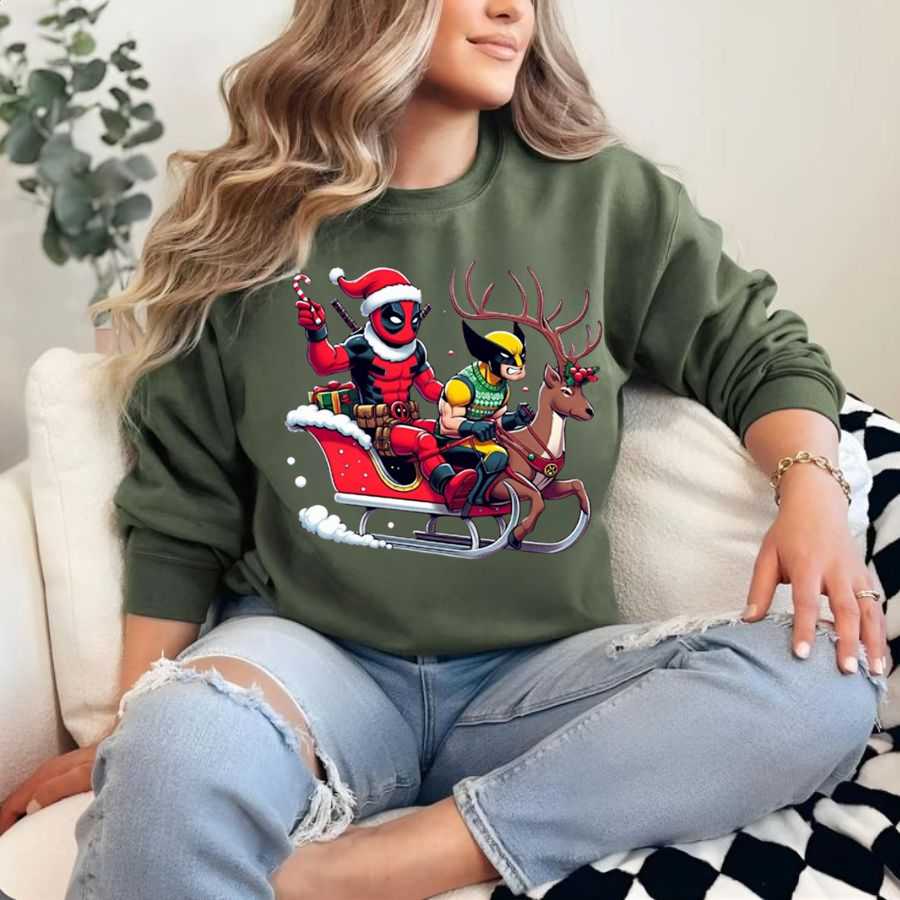 Deadpool And Wolverine Christmas Sleigh Ride Funny Sweatshirt